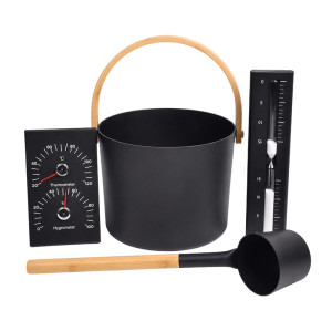 Sauna Bucket and Ladle Set V-TZ005 | Wholesale | Black Coated Aluminum Bucket with Natural Bamboo Carry Loop | B2B Bulk Supply
