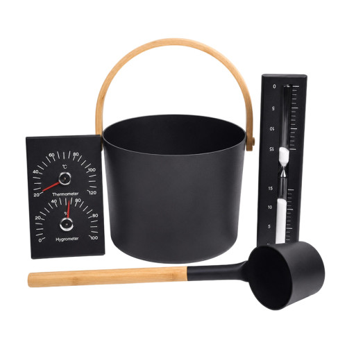 Sauna Bucket and Ladle Set V-TZ005 | Wholesale | Black Coated Aluminum Bucket with Natural Bamboo Carry Loop | B2B Bulk Supply