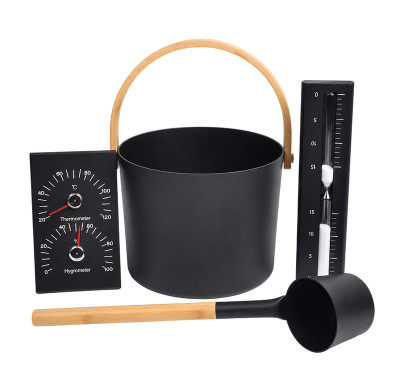 Sauna Bucket and Ladle Set V-TZ005 | Wholesale | Black Coated Aluminum Bucket with Natural Bamboo Carry Loop | B2B Bulk Supply