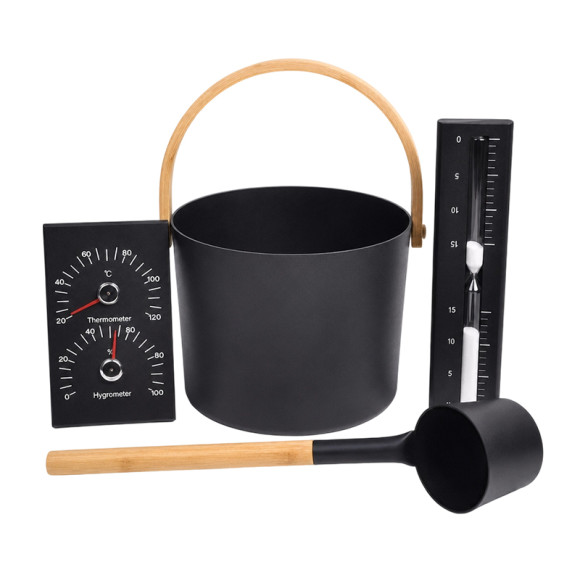 Sauna Bucket and Ladle Set V-TZ005 | Wholesale | Black Coated Aluminum Bucket with Natural Bamboo Carry Loop | B2B Bulk Supply