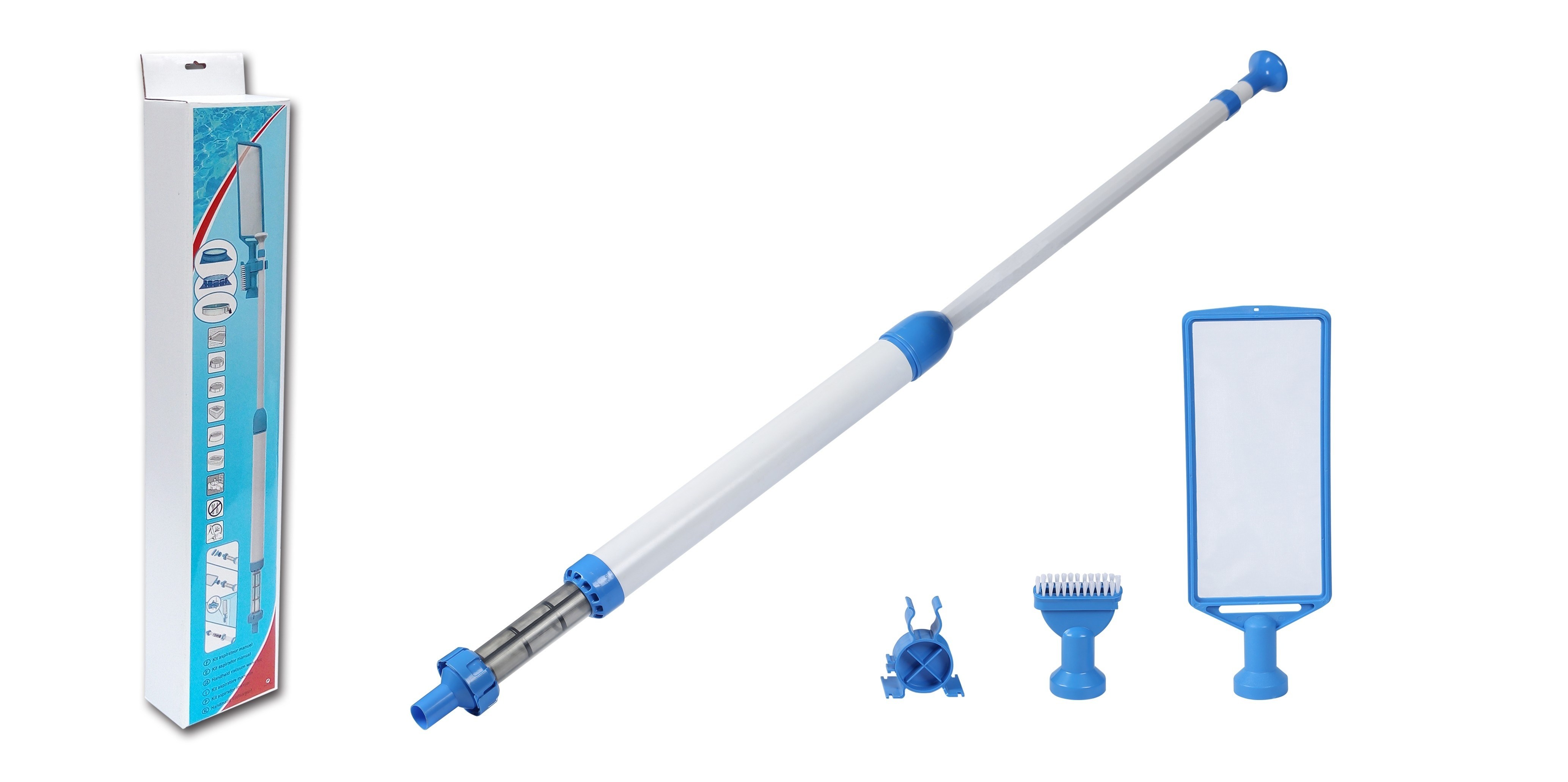 Manual jet pool vacuum with telescopic pole, brush and leaf skimmer attachments