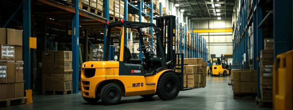 Forklift operating between warehouse storage racks