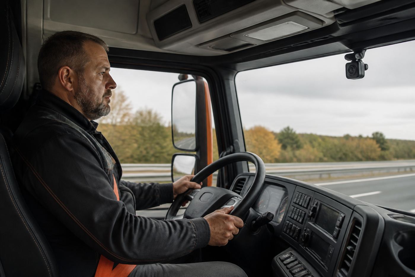 Commercial truck driver monitored by an in-cab DMS camera