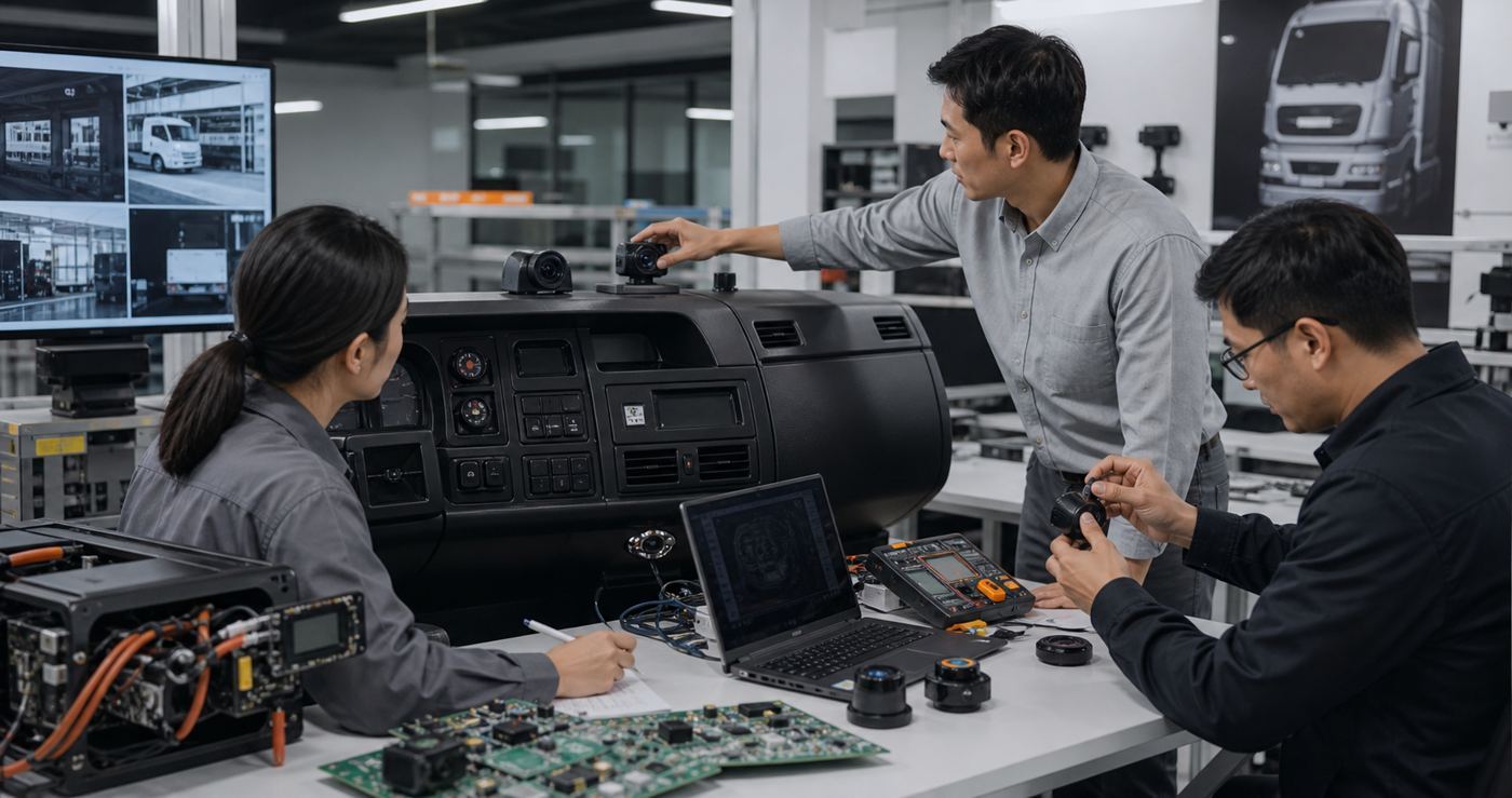 Engineers developing and customizing a commercial vehicle driver monitoring system