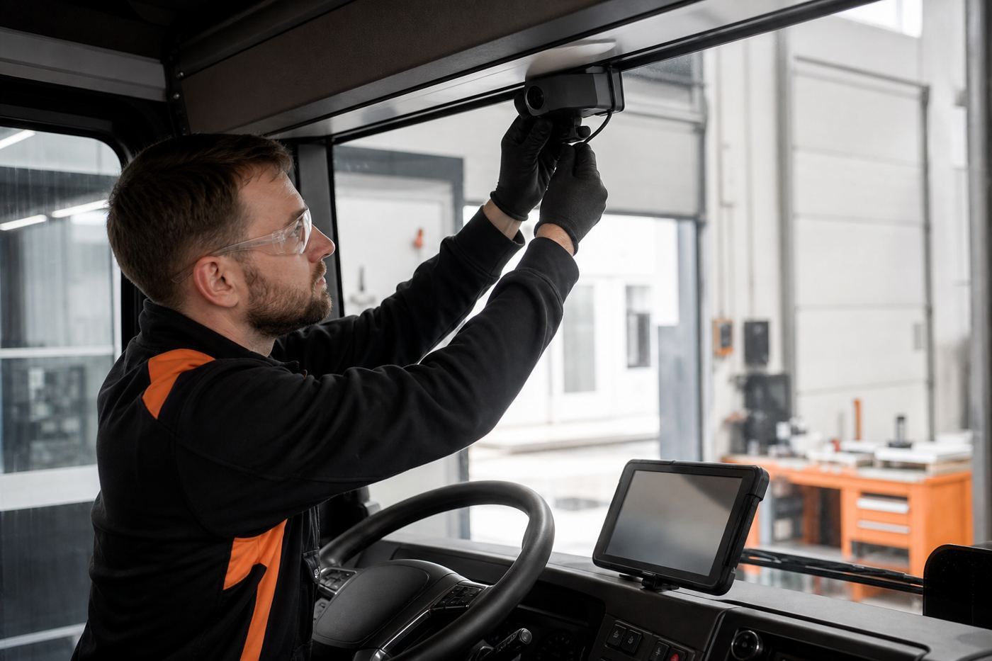 Vehicle safety engineer installing and calibrating an in-cab DMS camera