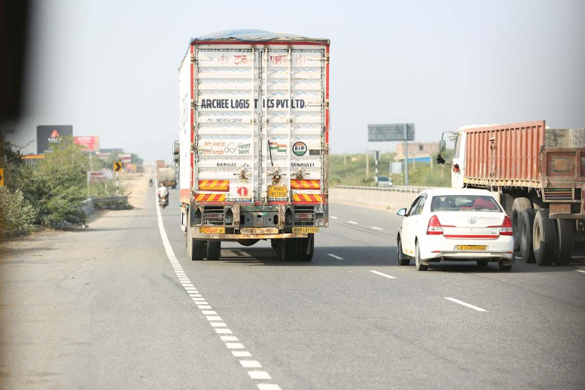 Commercial container truck travelling on a highway
