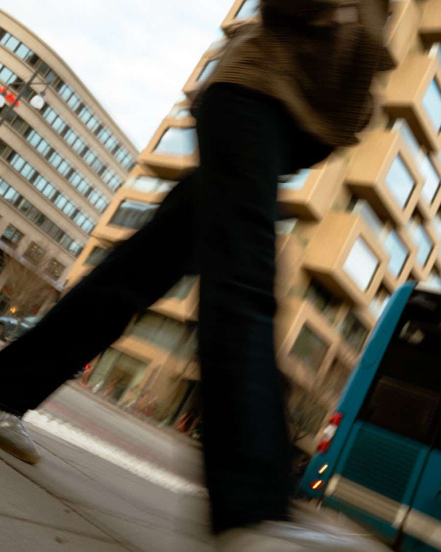 City bus operating near pedestrians