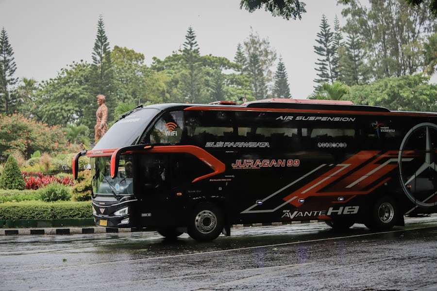 Commercial passenger bus travelling on a road