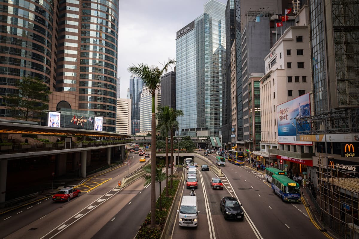 Bus moving through a busy urban transit corridor