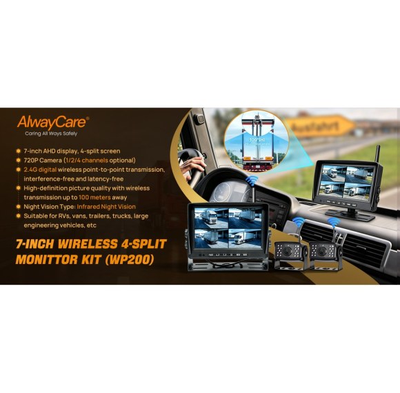 WP200-B 7" Digital Wireless Quad-Split Monitor Kit (4-Camera 360° Package)