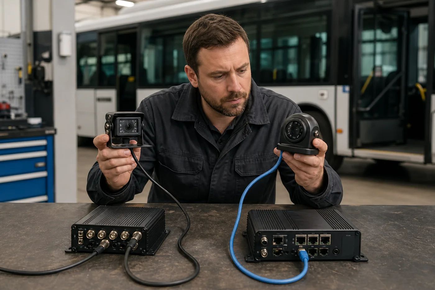 AHD and IP vehicle camera signal paths to a compatible MDVR