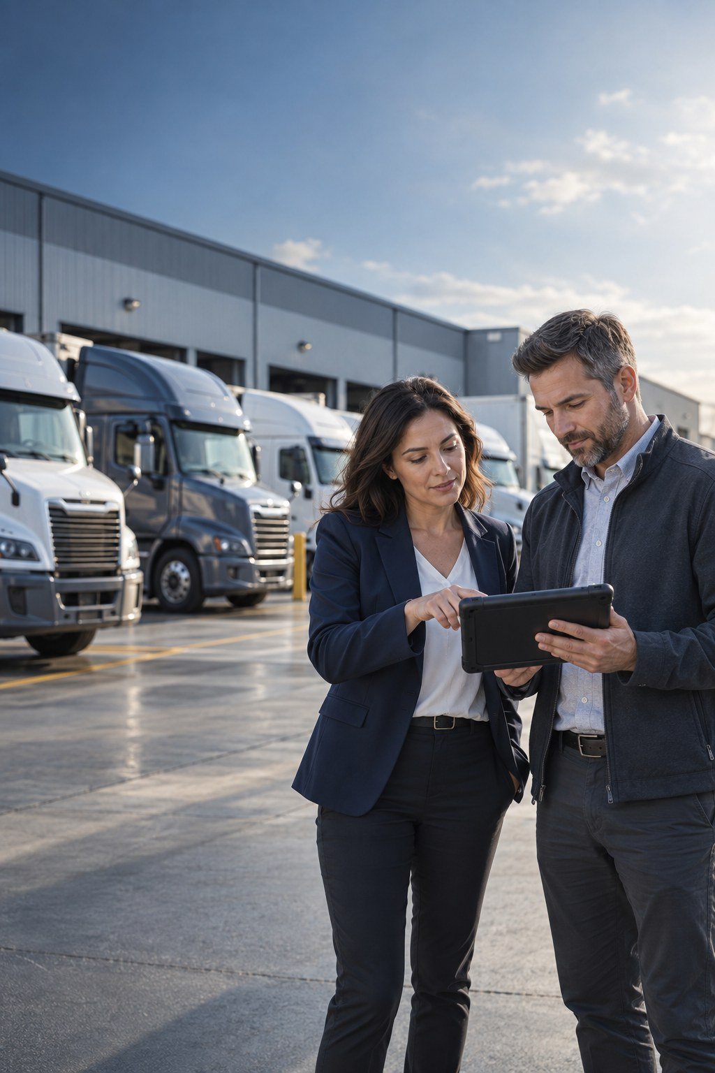 Fleet operations manager and engineer reviewing a vehicle safety deployment