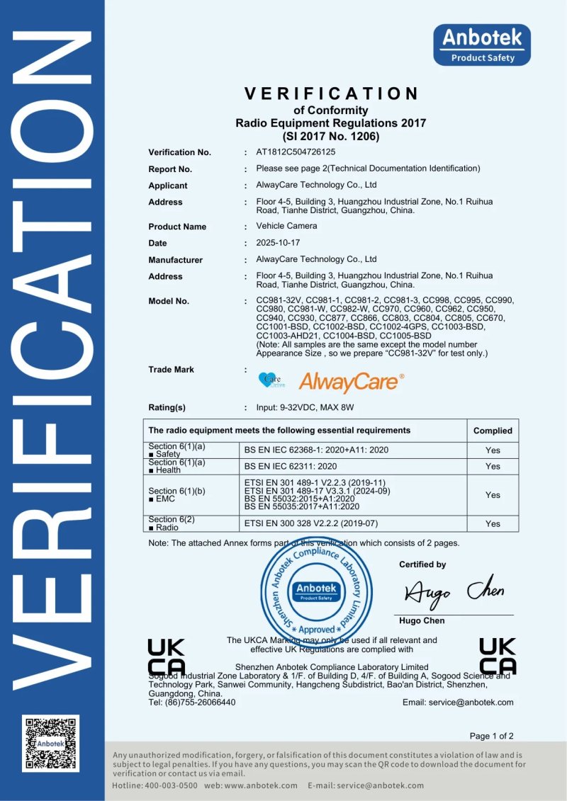 WiFi Camera UKCA Certificate