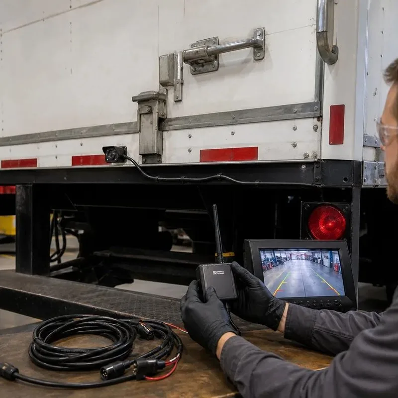 Technician testing a rear camera on a box truck