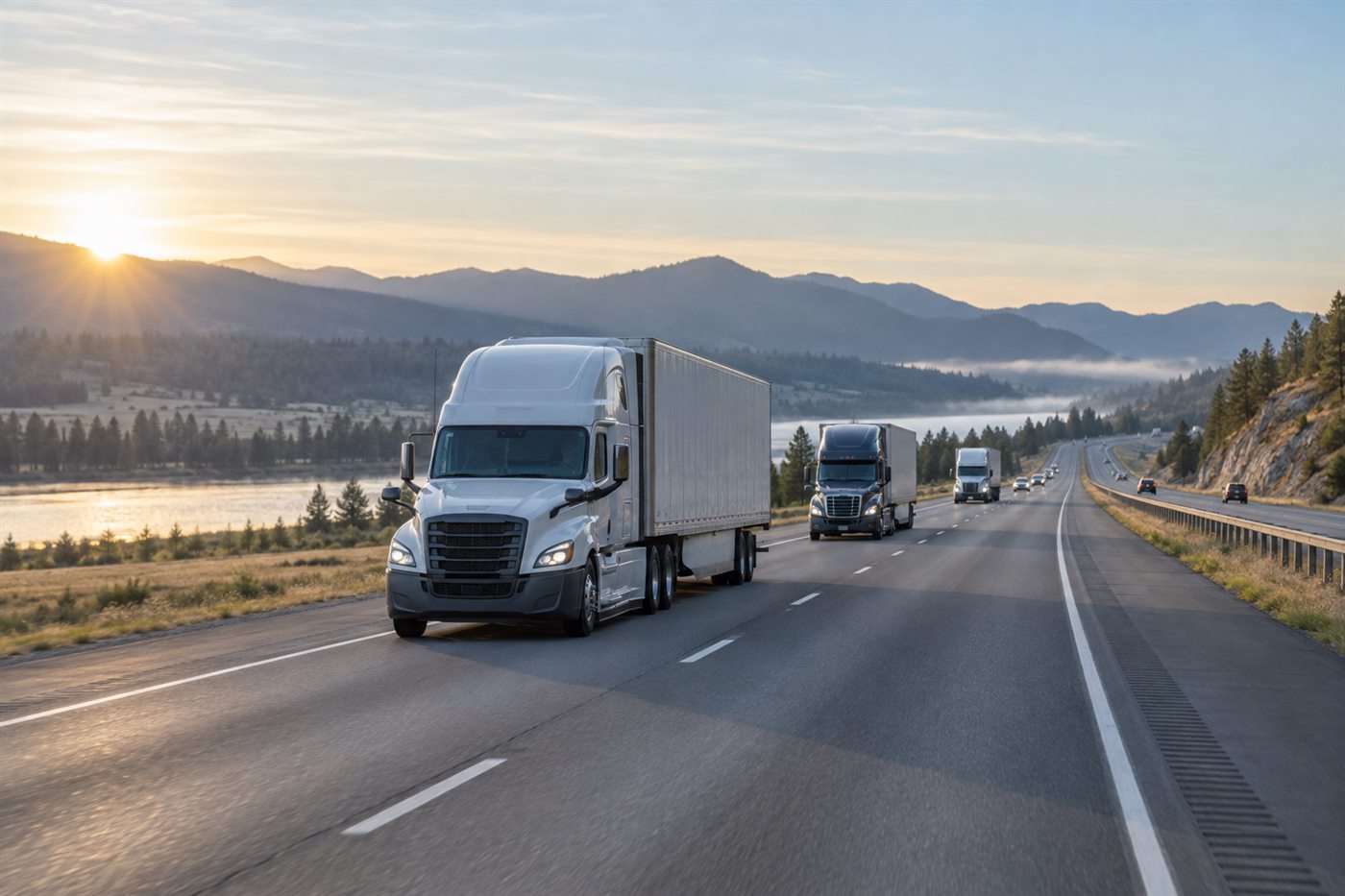Two commercial trucks traveling along a highway