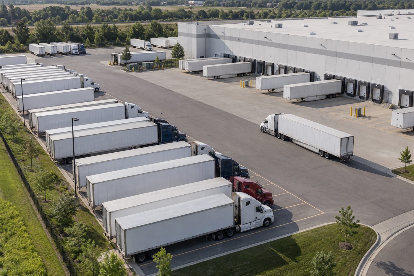 Aerial view of a distribution facility and vehicle yard