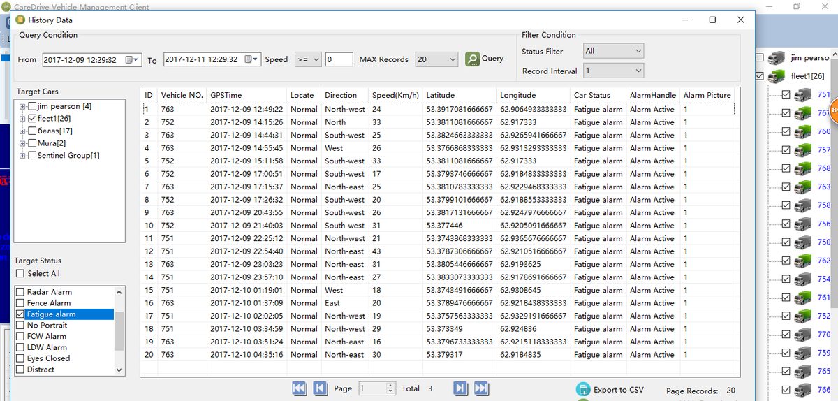 Central fleet telemetry portal tracking driver fatigue alarms across mining concessions.