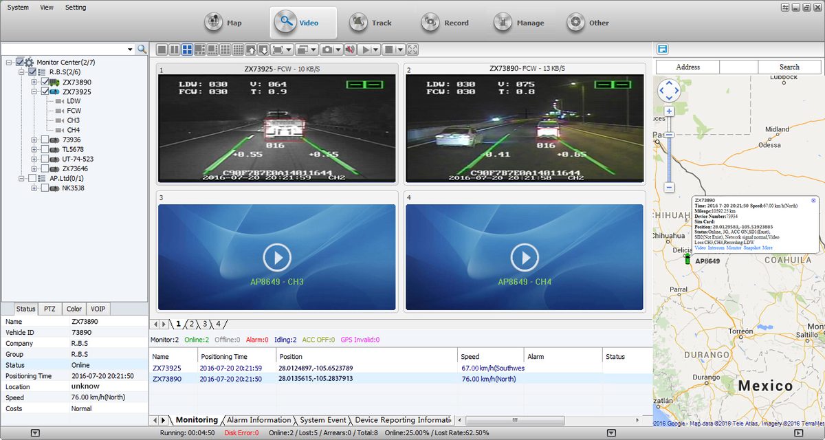 Windshield center-mounted AlwayCare AWS650 forward collision warning and lane departure camera.