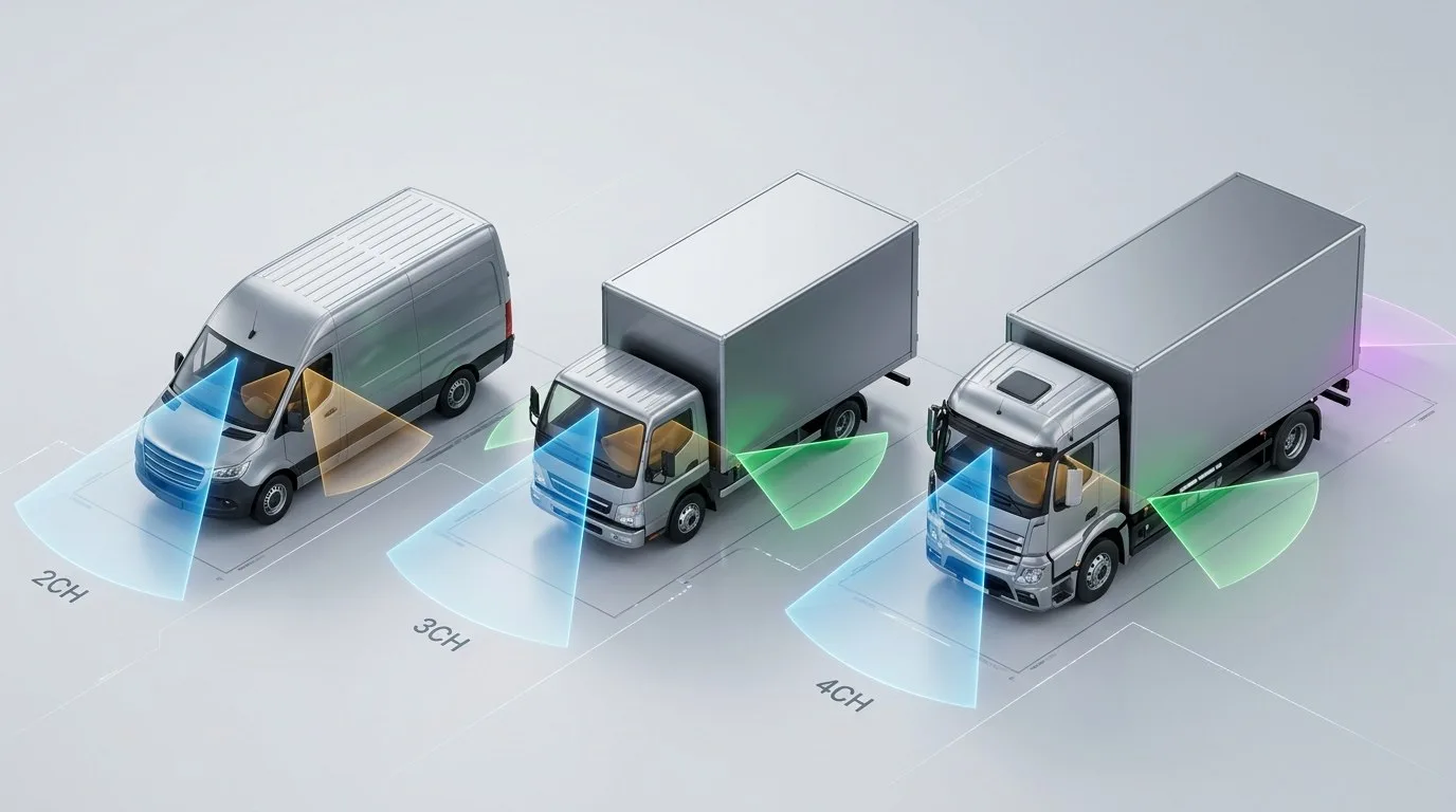 Camera coverage comparison for two, three and four channel fleet dash cams