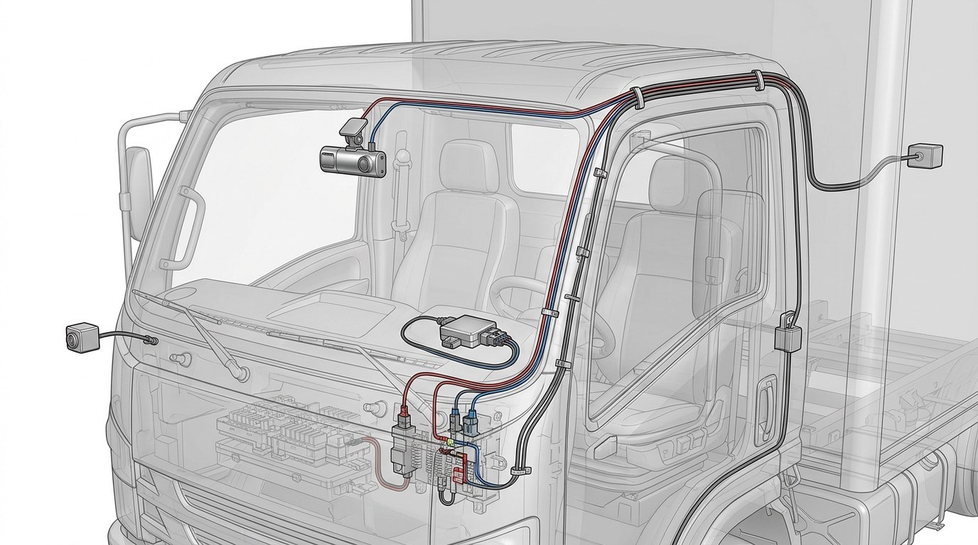 Commercial Multi-Channel Dash Cam Hardwired Installation and Wiring Schematic