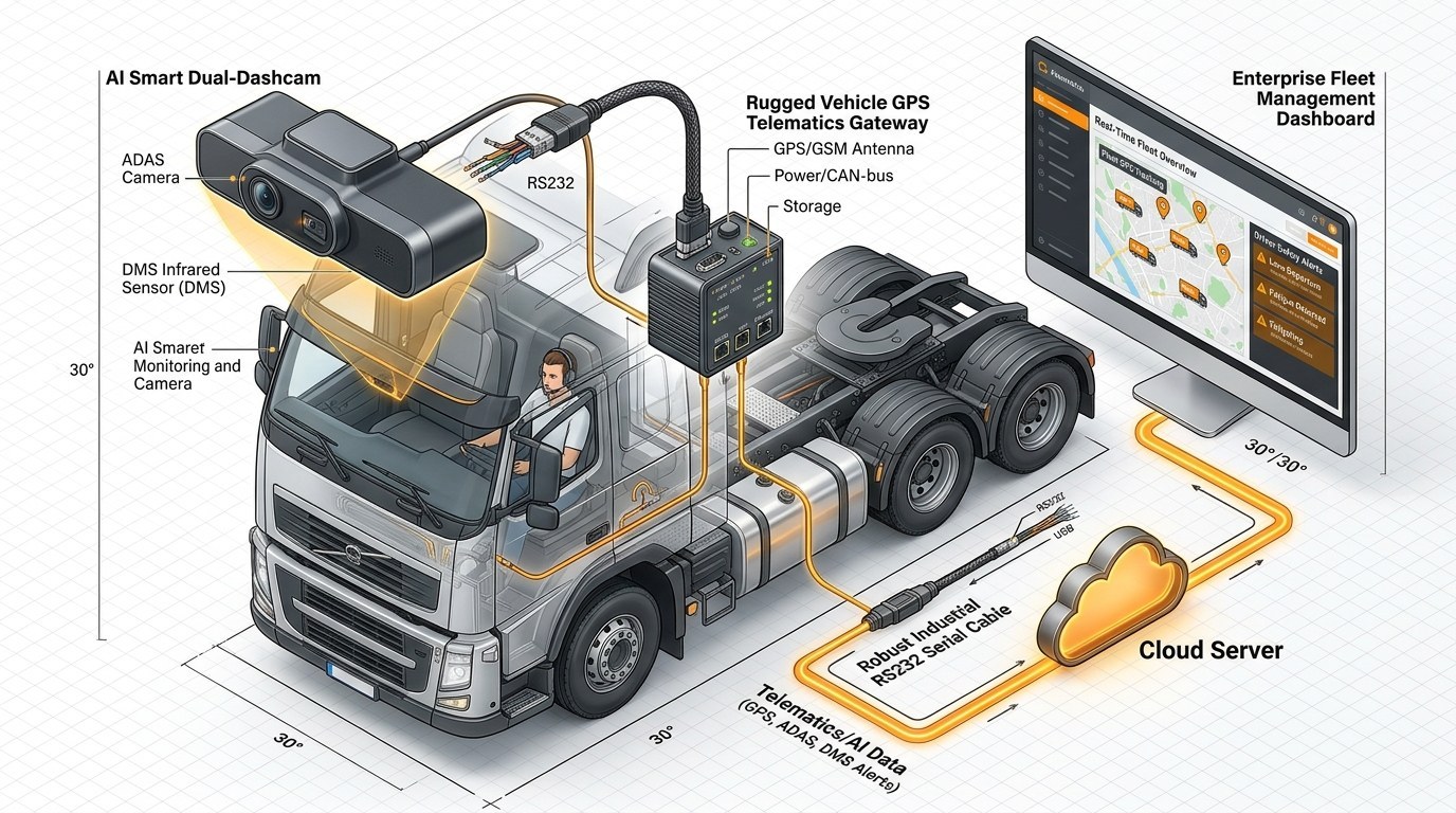 AI Dashcam Hardware Integration with Commercial Vehicle GPS Telematics Gateway and Cloud Platform