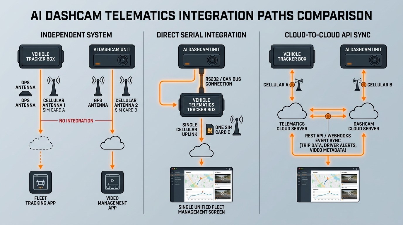 Comparison of AI Dashcam Telematics Integration Paths: Independent, Direct Serial, and Cloud API