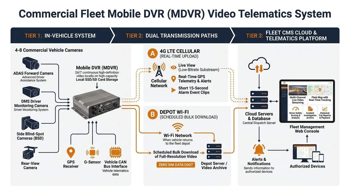 Commercial Fleet Mobile DVR MDVR Video Telematics System Architecture Diagram