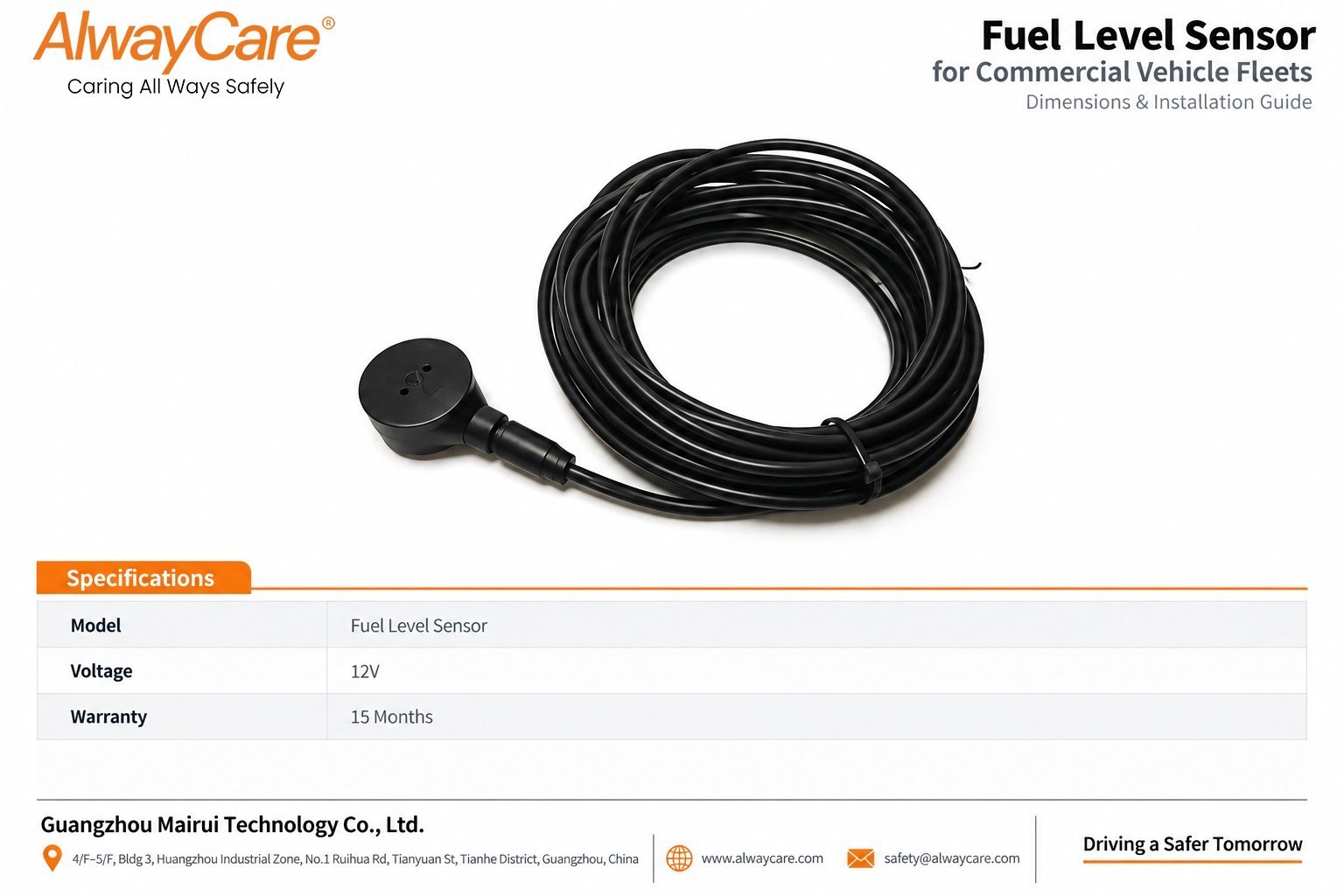 AlwayCare Fuel Level Sensor for Commercial Vehicle Fleets Specifications and Product Views