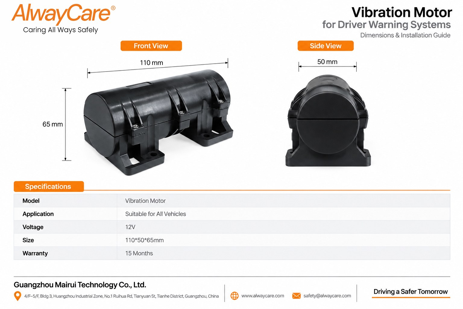 AlwayCare Vibration Motor for Driver Warning Systems Specifications and Product Views