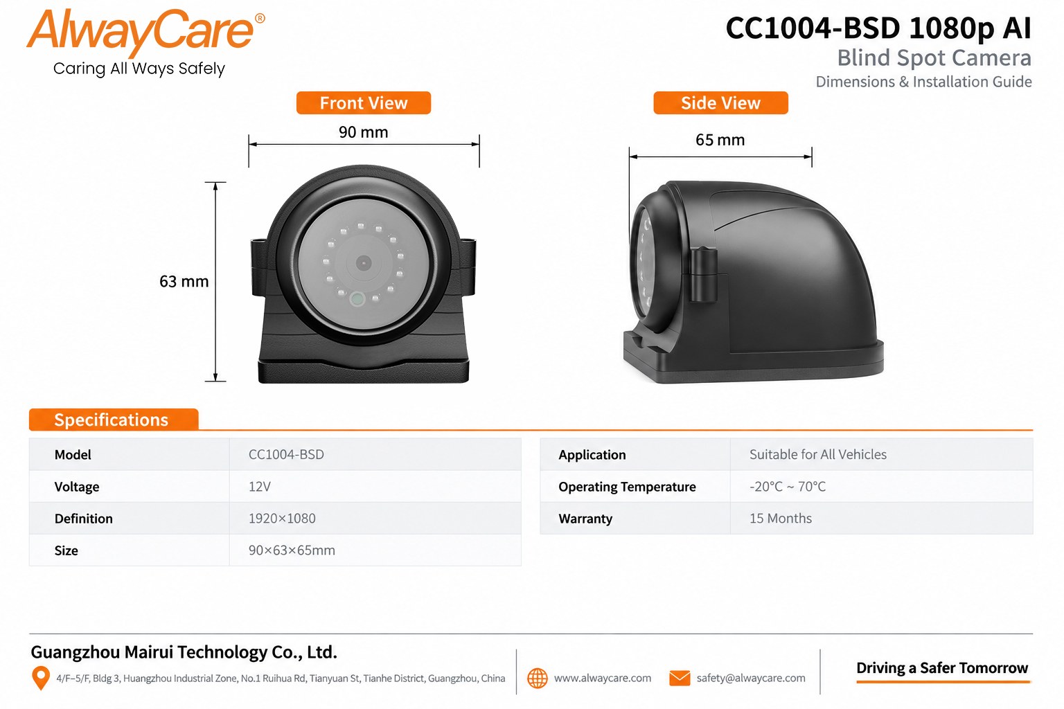 AlwayCare CC1004-BSD 1080p AI Blind Spot Camera Specifications and Product Views