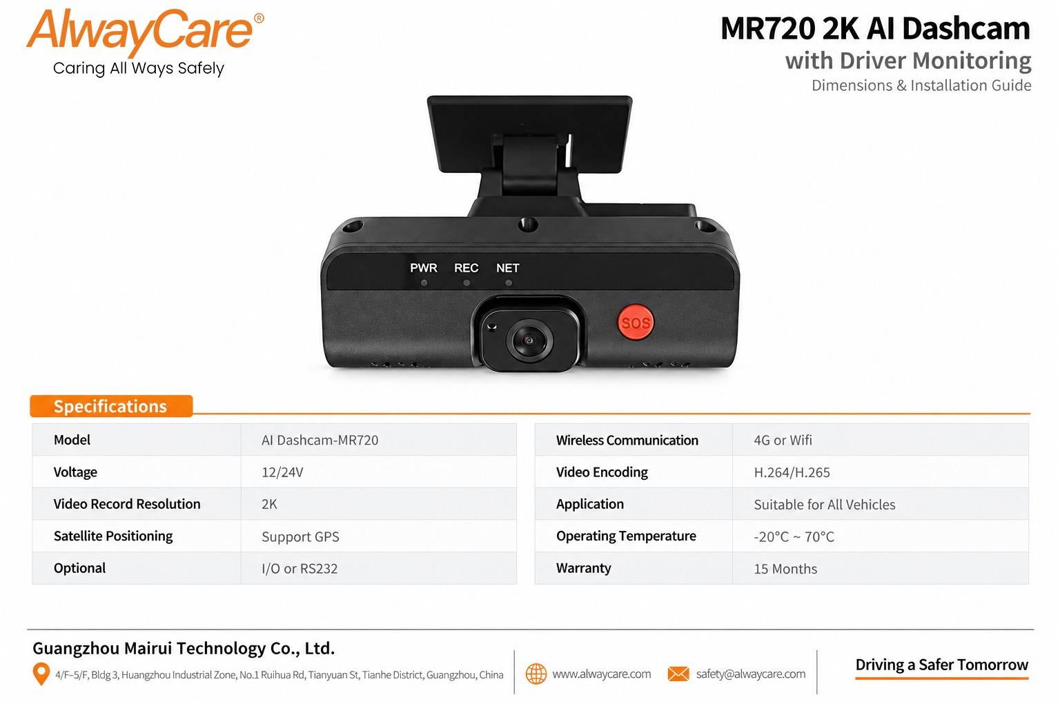 AlwayCare MR720 2K AI Dashcam with Driver Monitoring Specifications and Product Views