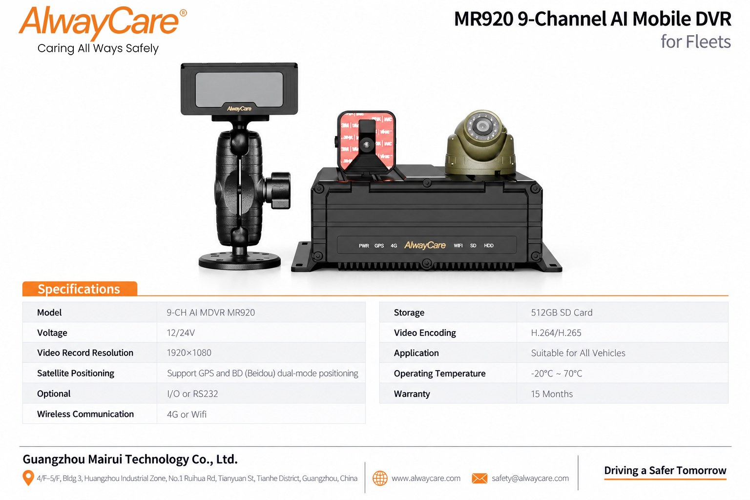 AlwayCare MR920 9-Channel AI Mobile DVR for Fleets Specifications and Product Views