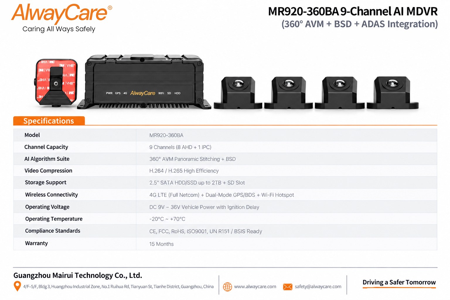 AlwayCare MR920-360BA 9-Channel AI MDVR (360° AVM + BSD + ADAS Integration) Specifications and Product Views