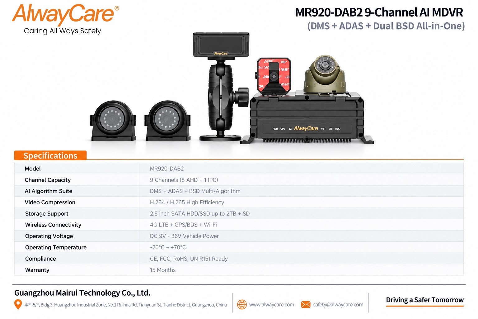 AlwayCare MR920-DAB2 9-Channel AI MDVR (DMS + ADAS + Dual BSD All-in-One) Specifications and Product Views