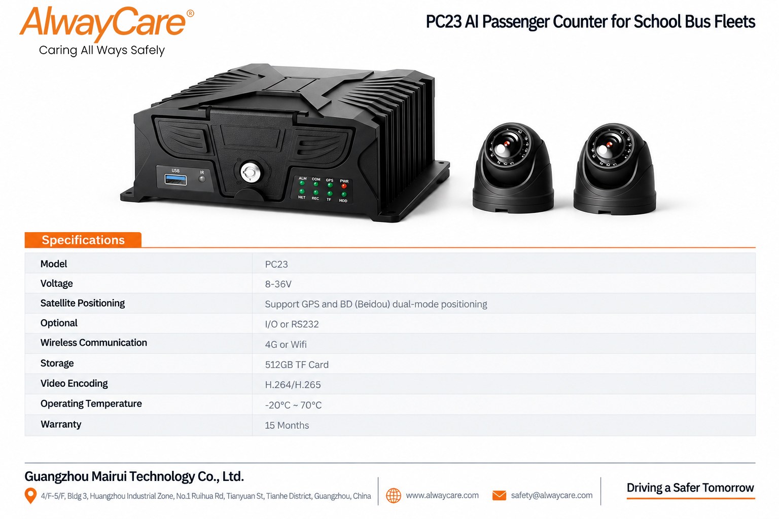 AlwayCare PC23 AI Passenger Counter for School Bus Fleets Specifications and Product Views