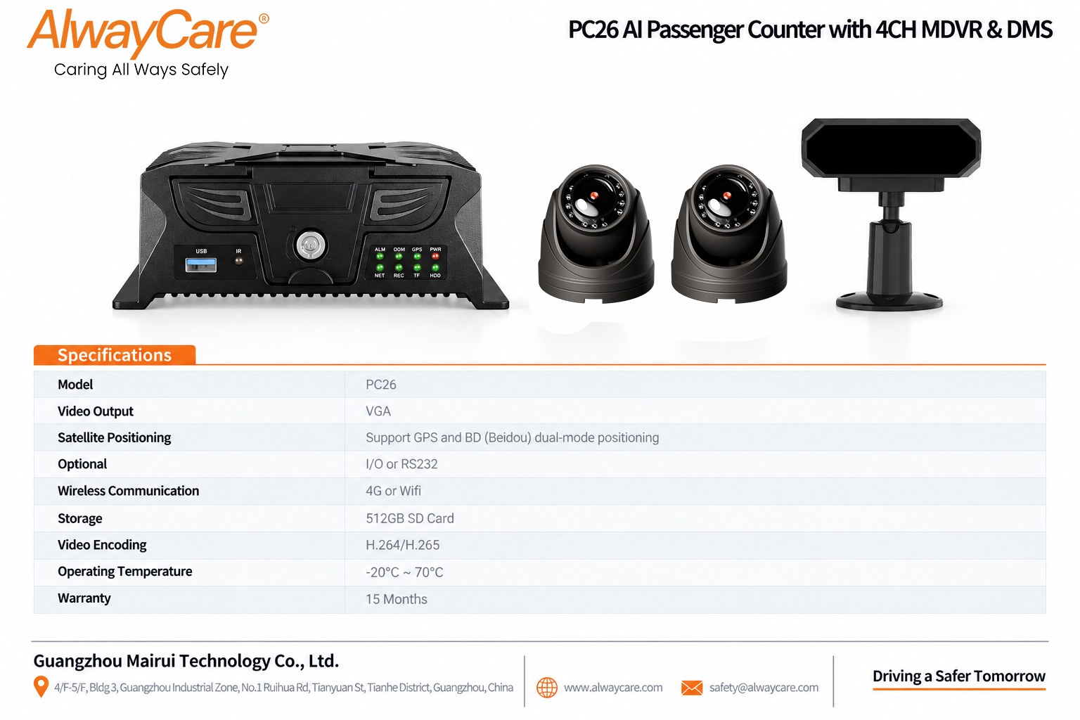 AlwayCare PC26 AI Passenger Counter with 4CH MDVR & DMS Specifications and Product Views