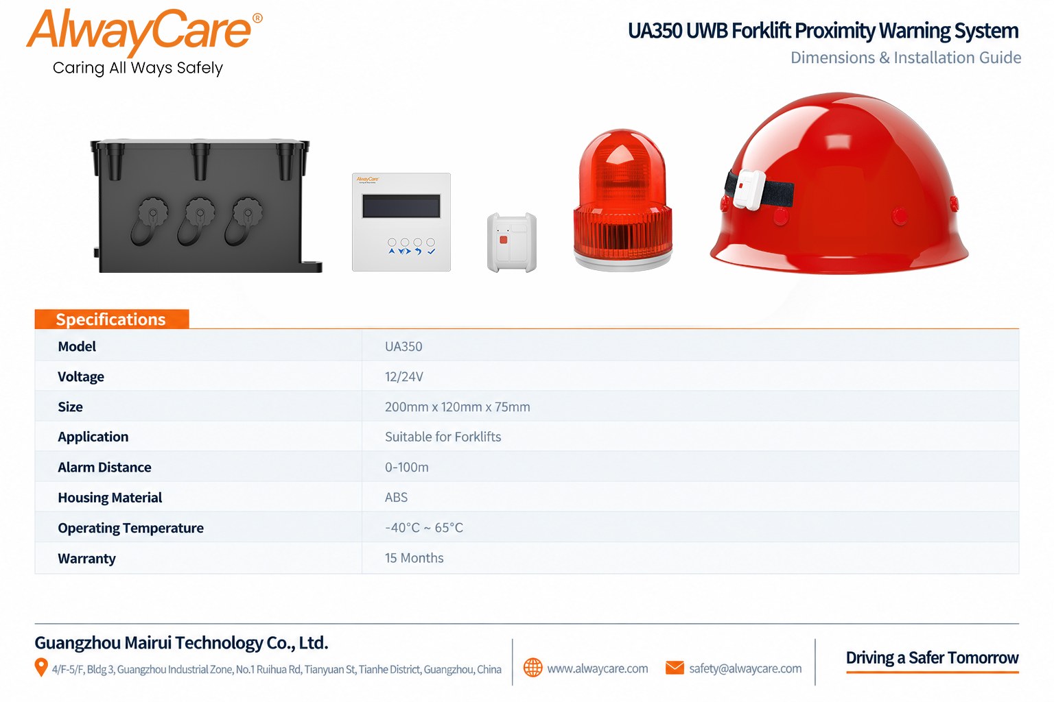 AlwayCare UA350 UWB Forklift Proximity Warning System Specifications and Product Views