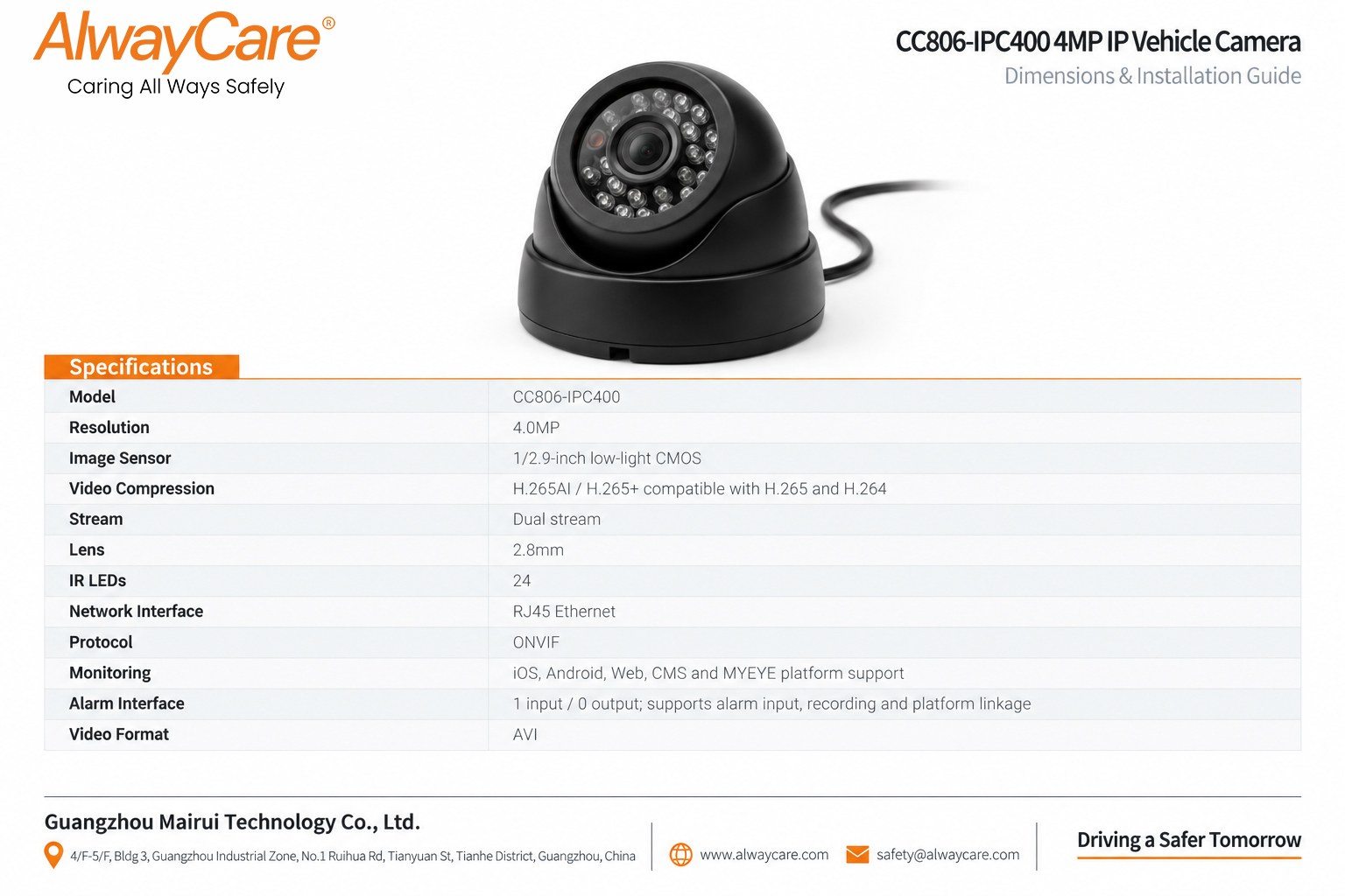 AlwayCare CC806-IPC400 4MP IP Vehicle Camera Specifications and Product Views