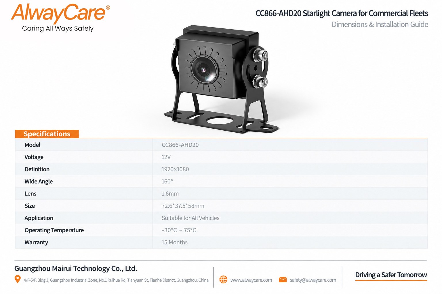 AlwayCare CC866-AHD20 Starlight Camera for Commercial Fleets Specifications and Product Views
