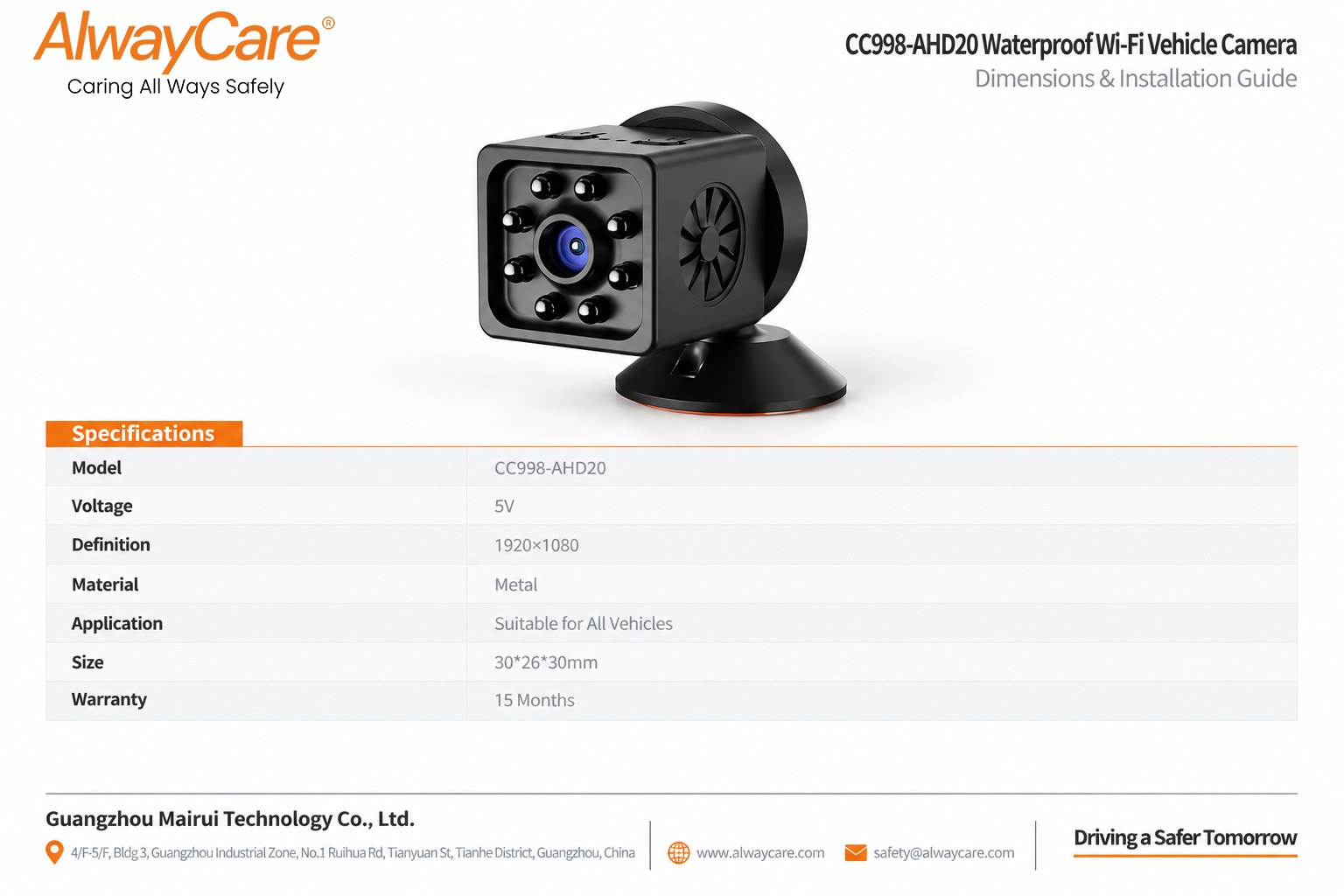 AlwayCare CC998-AHD20 Waterproof Wi-Fi Vehicle Camera Specifications and Product Views