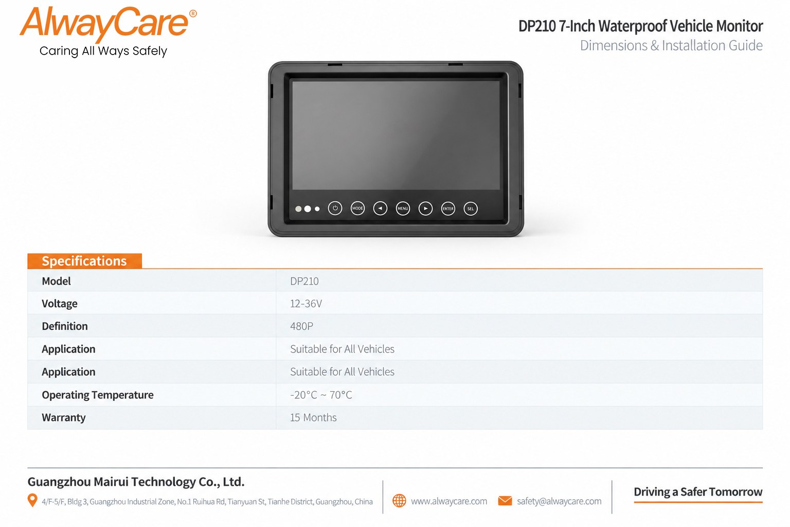 AlwayCare DP210 7-Inch Waterproof Vehicle Monitor Specifications and Product Views