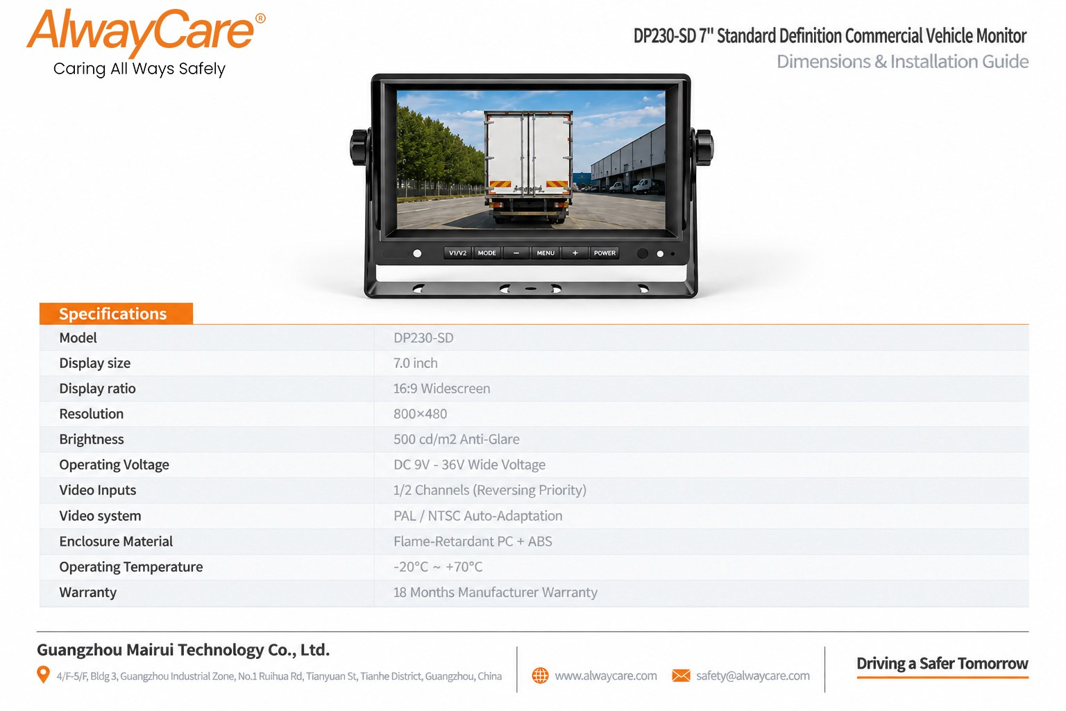 AlwayCare DP230-SD 7" Standard Definition Commercial Vehicle Monitor Specifications and Product Views