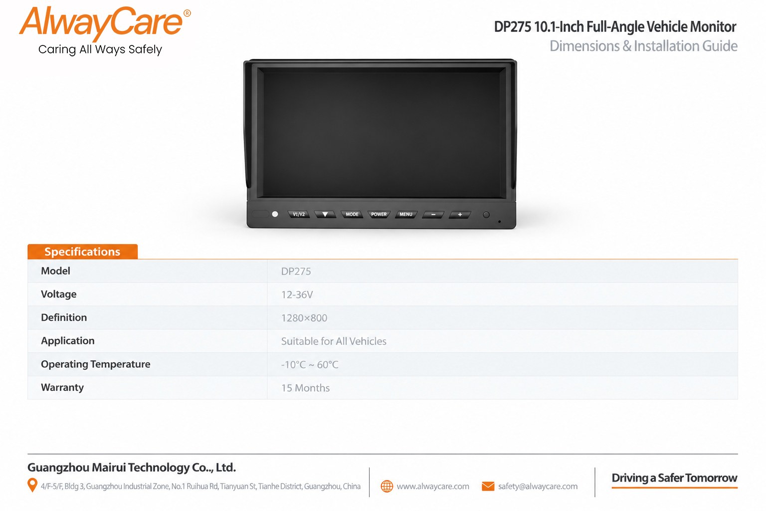 AlwayCare DP275 10.1-Inch Full-Angle Vehicle Monitor Specifications and Product Views