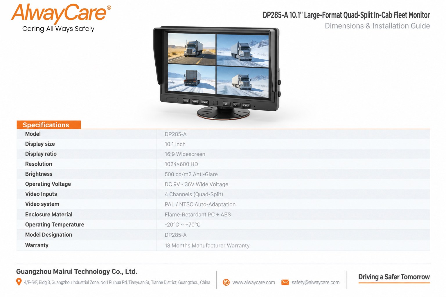 AlwayCare DP285-A 10.1" Large-Format Quad-Split In-Cab Fleet Monitor Specifications and Product Views