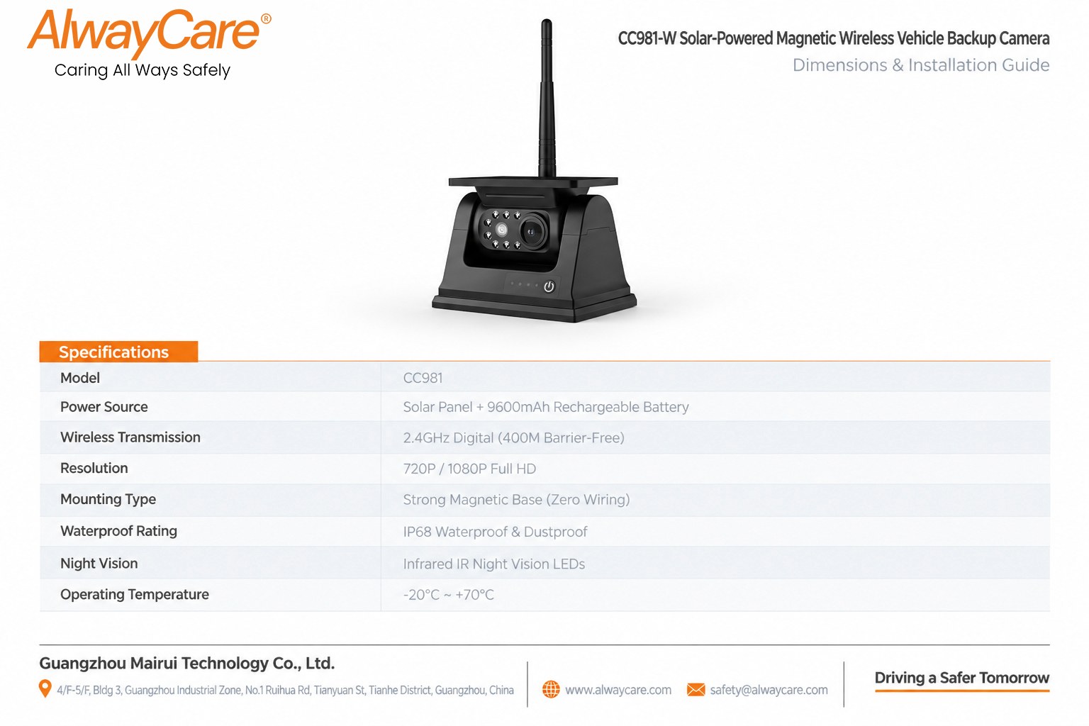 AlwayCare CC981-W Solar-Powered Magnetic Wireless Vehicle Backup Camera Specifications and Product Views