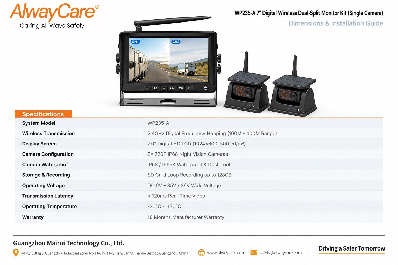 AlwayCare WP235-A 7" Digital Wireless Dual-Split Monitor Kit (Single Camera) Specifications and Product Views