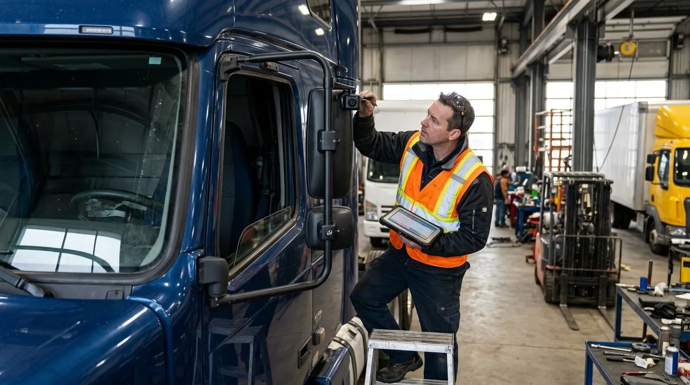 Technician checking a vehicle camera system during commissioning