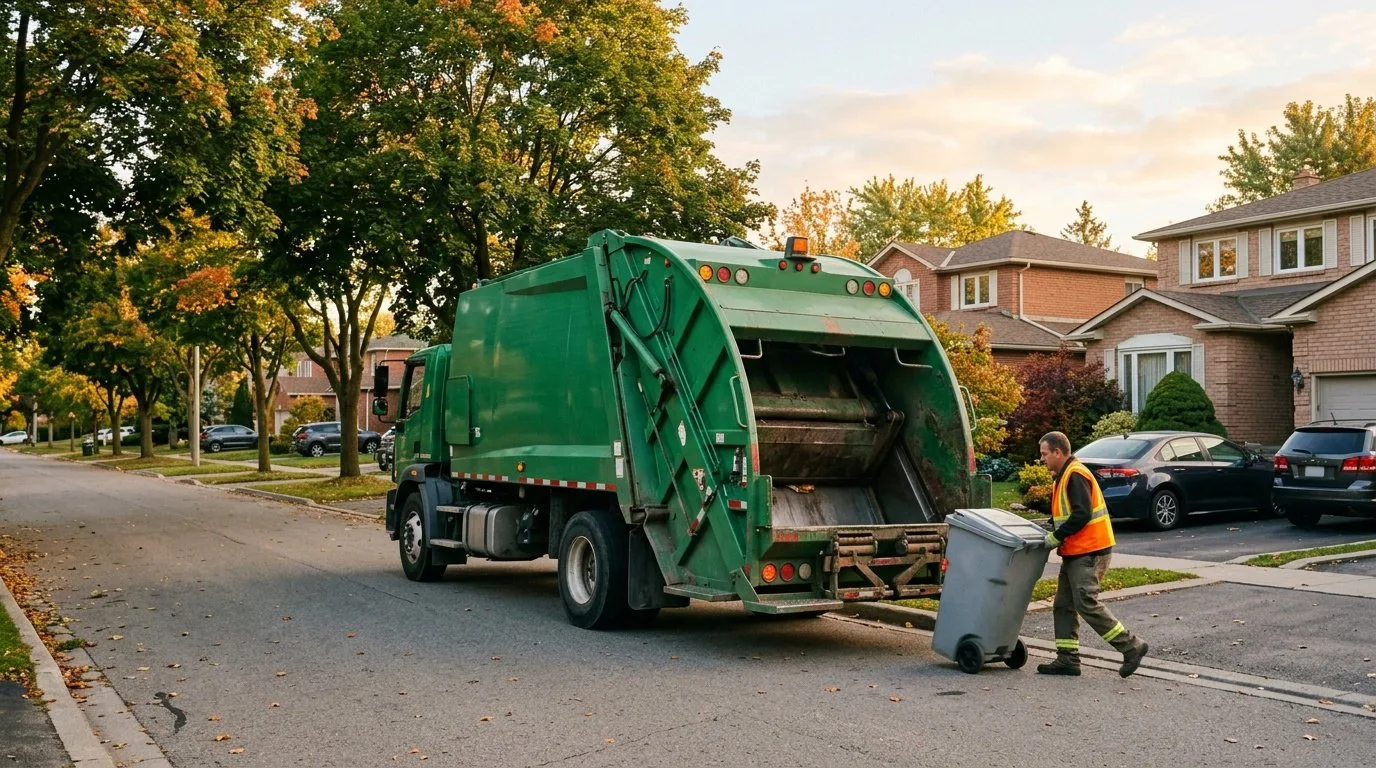 Waste collection truck working a city route