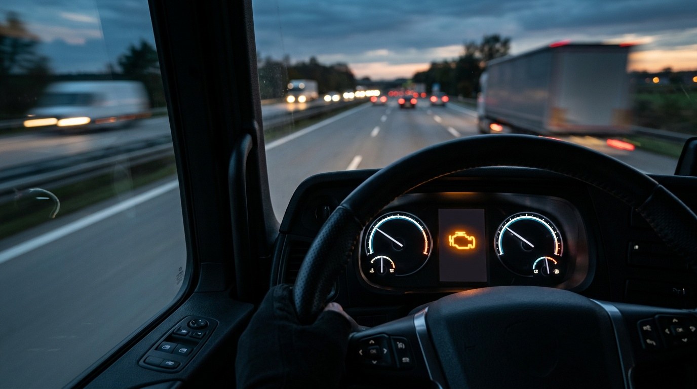 Amber warning light glowing on a truck dashboard
