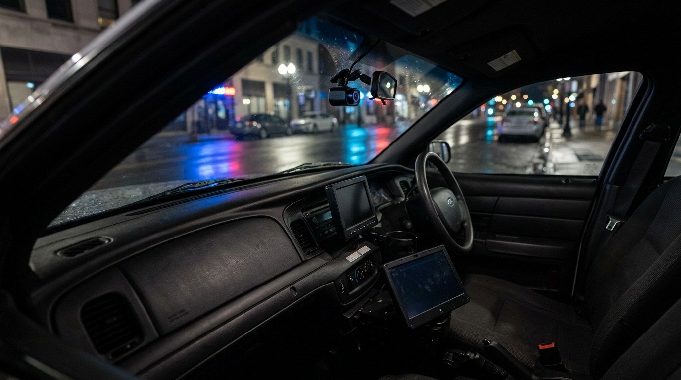 Patrol-style vehicle at night with a camera on the windshield